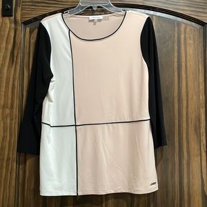 Calvin Klein color block blouse, pink, white with black sleeves